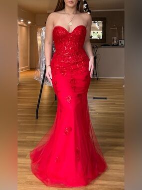 Strapless Red Lace-Up Back Evening Gown